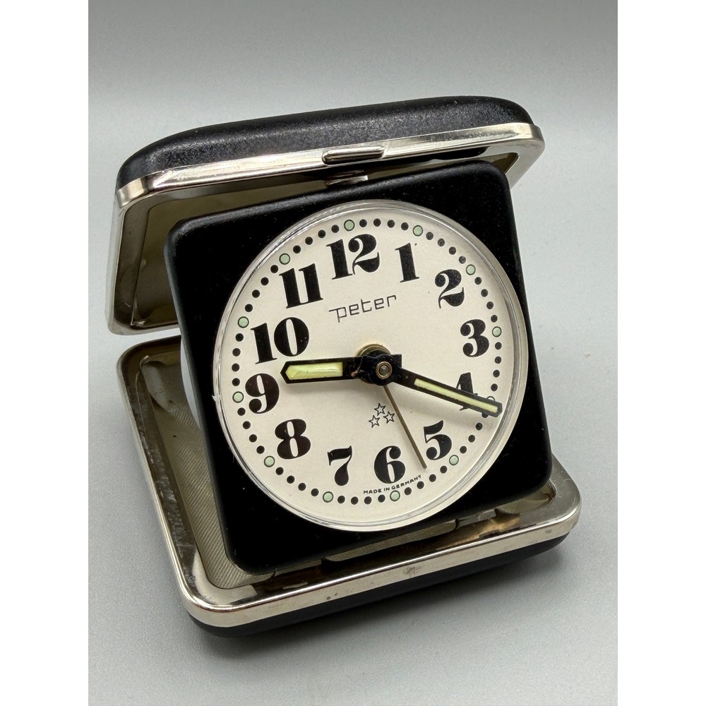 Vintage Peter Travel Alarm Clock Germany Mechanical Wind Folding Case #1126